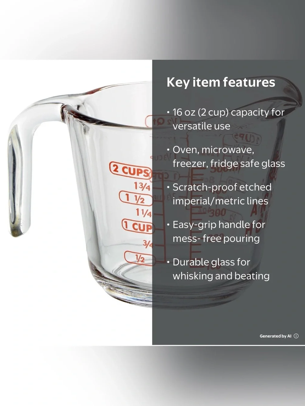 Anchor Hocking 2 Cup 16 oz Glass Measuring Cup Red Print Microwave Safe